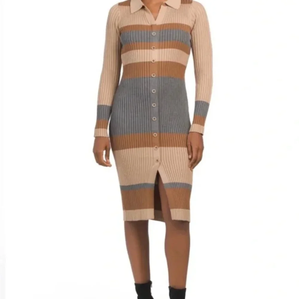 TAYLOR MIDI LENGTH STRIPED RIBBED KNIT BUTTON DOWN DRESS L - Picture 10 of 10